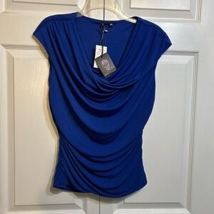 NWT Love Haight Top Size L Large Draped Neck Ruched Waist Sleeveless Cobalt Blue